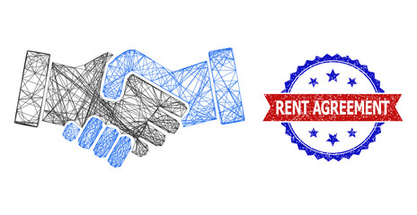 Crossing mesh business hands model icon, and bicolor rubber Rent Agreement seal. Flat mesh created from business hands icon and intersected lines. Vector seal with retro bicolored style,
