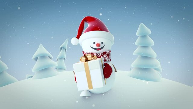 Funny Cute Snowman in Santa Claus Cap Walking with Gift Box in Winter Forest. Beautiful Looped 3d Cartoon Style Animation Greeting Card. Merry Christmas Happy New Year Concept. 4k Ultra HD 3840x2160.
