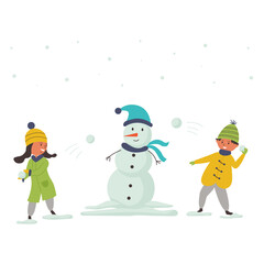 Children playing snowballs with the snowman