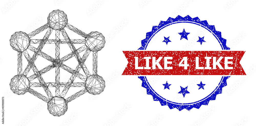 Poster crossing mesh network model illustration, and bicolor unclean like 4 like seal stamp. flat frame cre