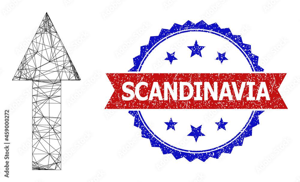 Poster crossing mesh up arrow frame icon, and bicolor unclean scandinavia seal stamp. flat frame created fr