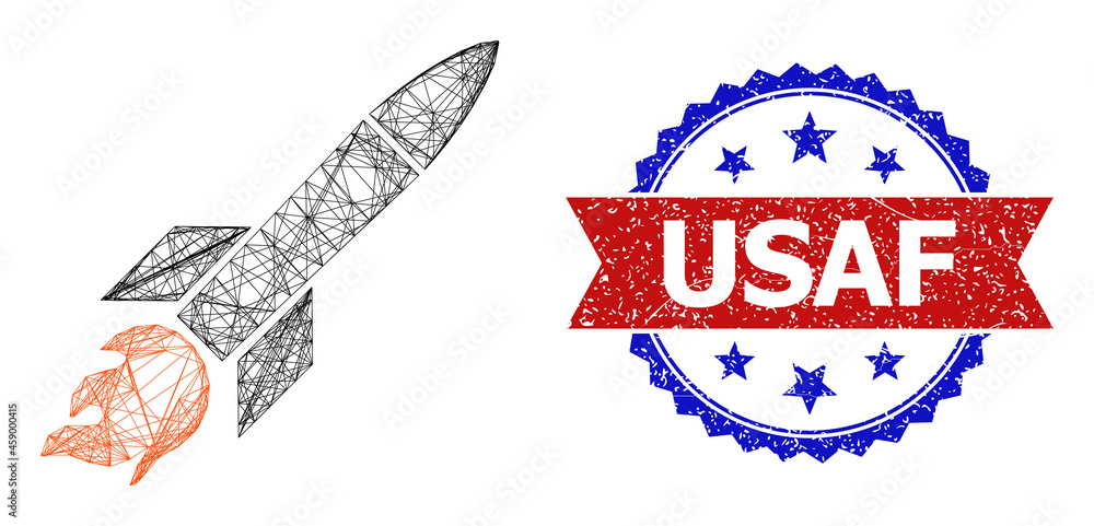Poster network missile framework icon, and bicolor rubber usaf seal stamp. flat framework created from miss