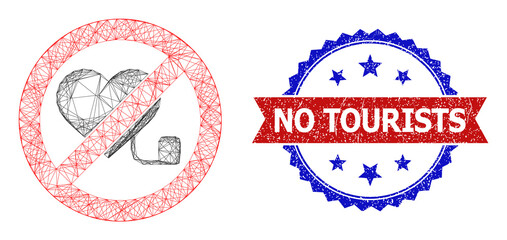 Mesh net forbidden pacemaker frame illustration, and bicolor scratched No Tourists watermark. Flat mesh created from forbidden pacemaker icon and intersected lines.