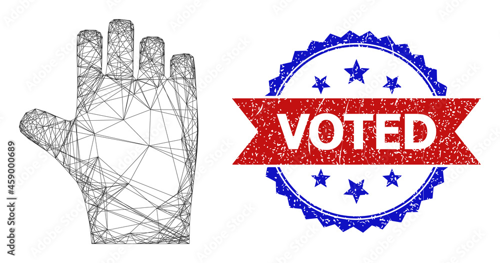 Poster net mesh voting hand frame icon, and bicolor scratched voted watermark. flat structure created from 