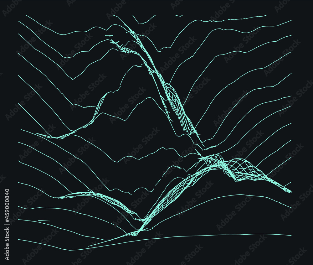Poster 3D model of a glitched surface. Abstract vector background with distorted wireframe grid.