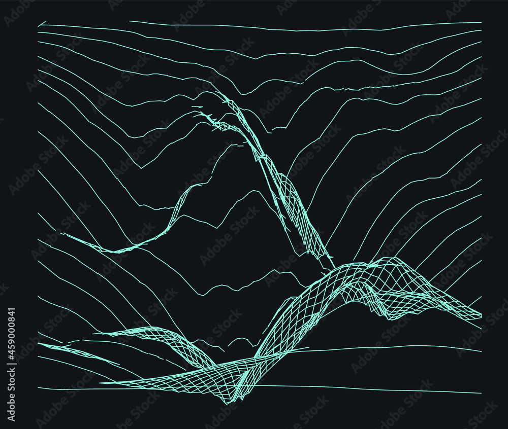 Poster 3D model of a glitched surface. Abstract vector background with distorted wireframe grid.