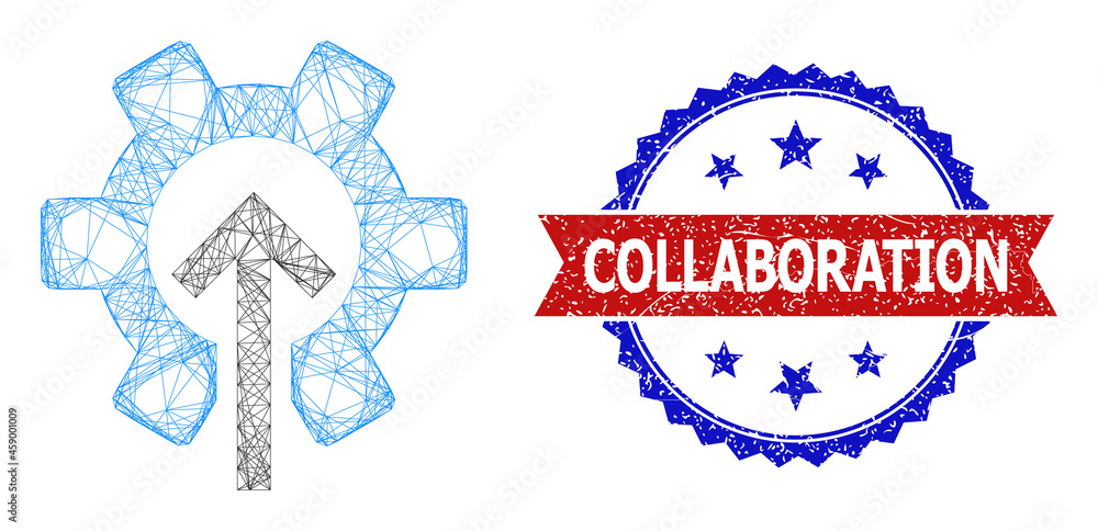 Poster crossing mesh gear integration wireframe icon, and bicolor scratched collaboration seal. flat mesh c