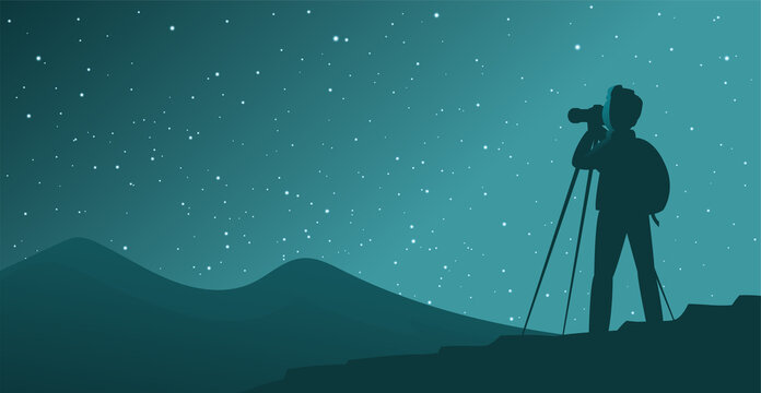 A man tourist photographs the starry sky. Silhouette on a night background. Vector illustration