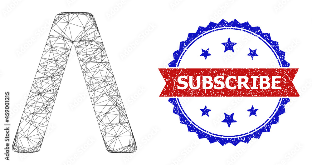 Poster crossing mesh lambda greek letter framework illustration, and bicolor textured subscribe seal. flat 