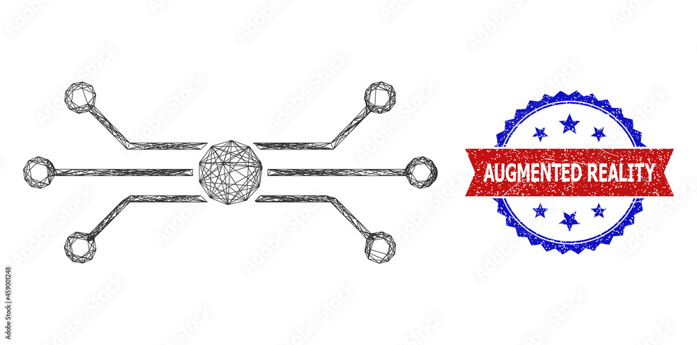 Poster mesh net chip connections wireframe illustration, and bicolor grunge augmented reality seal stamp. f