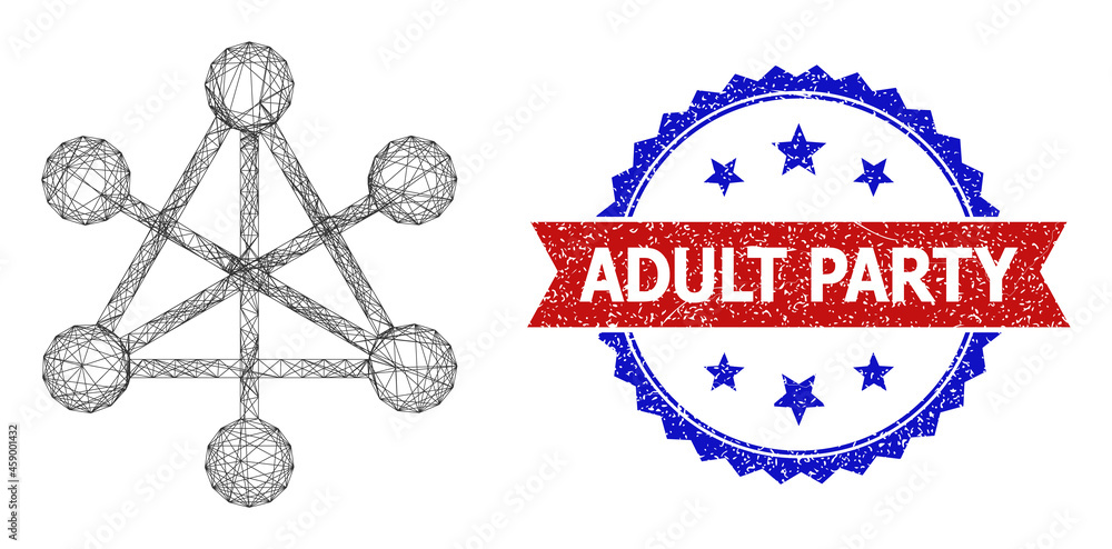 Poster crossing mesh network nodes carcass icon, and bicolor dirty adult party seal stamp. flat frame creat