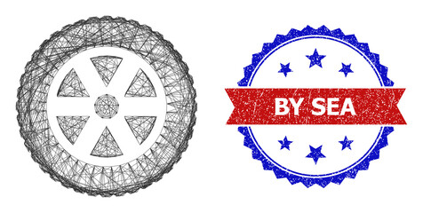 Net tire wheel model icon, and bicolor grunge By Sea seal. Flat mesh created from tire wheel icon and crossing lines. Vector seal with scratched bicolored style,