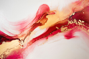 Luxury abstract fluid art painting in alcohol ink technique, mixture of red, yellow and gold paints. Imitation of marble stone cut, glowing golden circles. Tender and dreamy design. - 459001697
