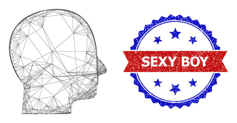 Crossing mesh human head framework icon, and bicolor rubber Sexy Boy watermark. Flat mesh created from human head icon and intersected lines. Vector seal with retro bicolored style,