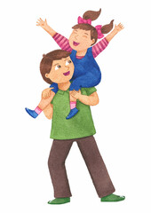 little girl sits on her brother's shoulders