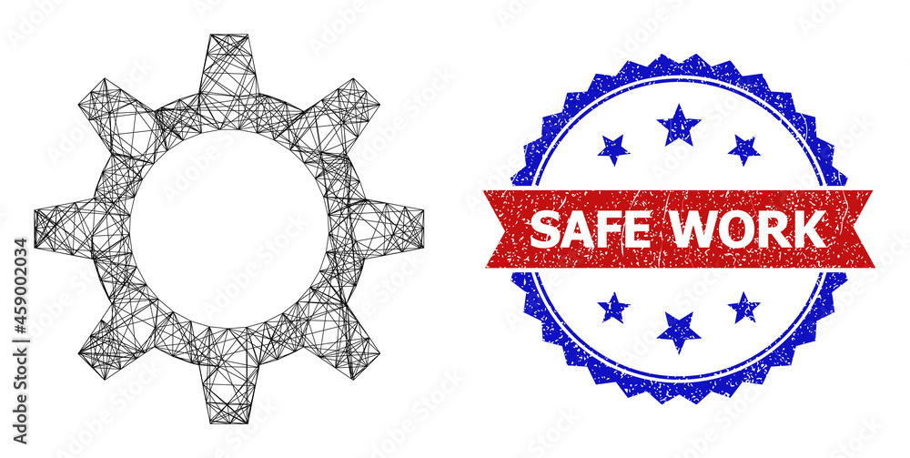 Poster mesh net cogwheel model illustration, and bicolor unclean safe work watermark. flat structure create
