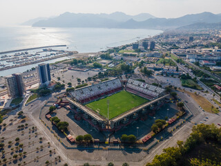 Salerno, Italy - 21 July 2021: Aerial view of Arechi football stadium and sport venue for Salernitana soccer team, Salerno, Italy.