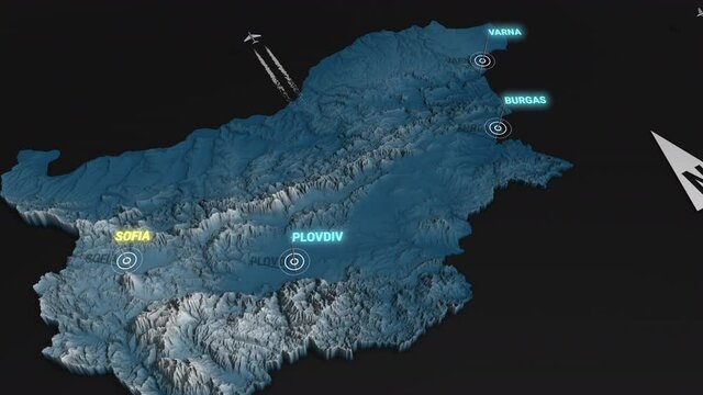 Seamless looping animation of the 3d terrain map at nighttime of Bulgaria with the capital and the biggest cites in 4K resolution