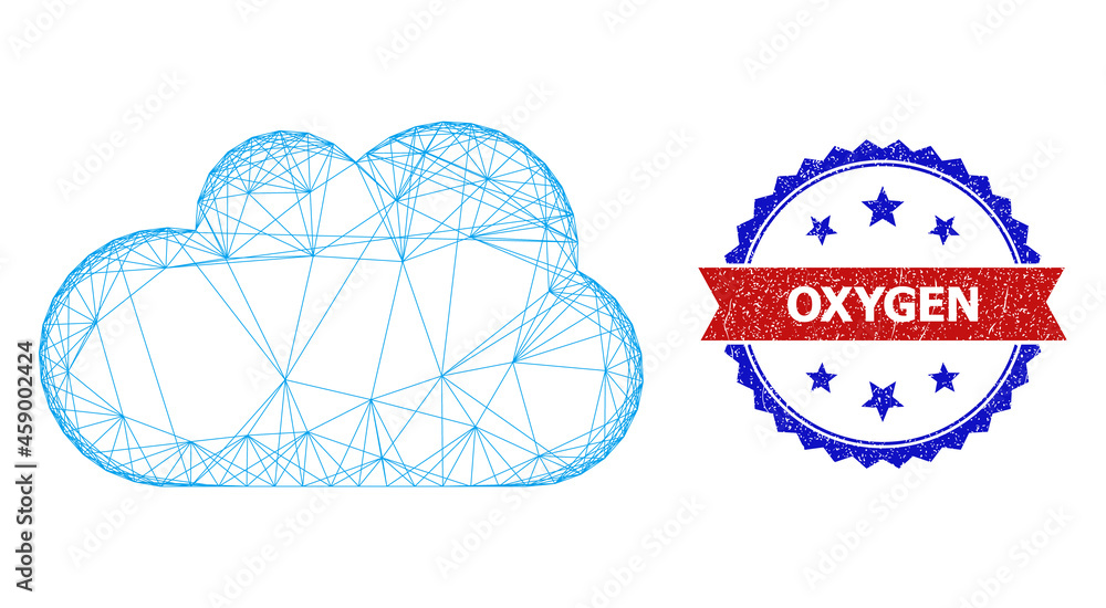 Poster mesh net cloud wireframe illustration, and bicolor textured oxygen watermark. flat mesh created from
