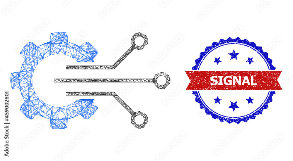 Poster crossing mesh gear sensor carcass icon, and bicolor scratched signal seal. flat frame created from g