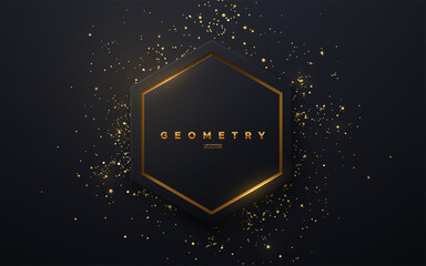 Abstract black hexagon shape with golden glowing frame and glitters