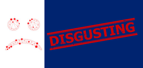 Mesh sad smiley polygonal icon vector illustration, and red DISGUSTING textured stamp imitation. Model is based on sad smiley flat icon, with stars and polygonal mesh.