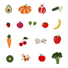 Set healthy food, fruits and vegetables. Avocado, pumpkin, pomegranate, cucumber, strawberry, onion, banana, tomato, spinach, carrot, cherry, mushroom, pepper, kiwi, nuts, apple, broccoli. Flat 