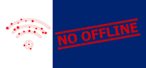 Mesh wi-fi source polygonal icon vector illustration, and red NO OFFLINE unclean seal. Carcass model is created from wi-fi source flat icon, with stars and polygonal net.