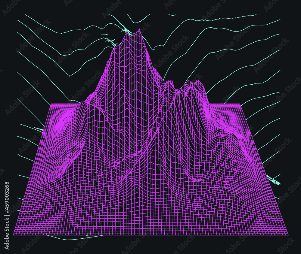 Poster 3d polygonal mountain landscape in retrofuturistic style. concept of data visualization and machine 