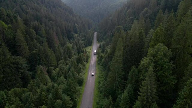 bus moving by mountain road in carpathian mountains