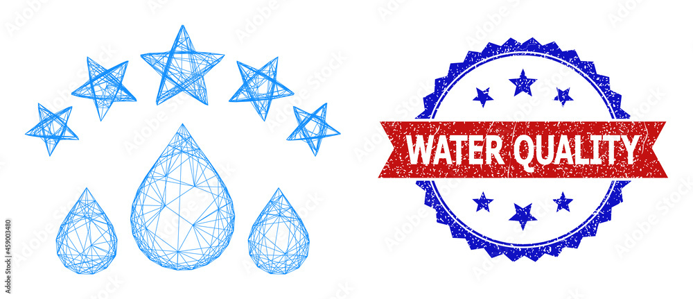 Poster mesh net quality water drops frame icon, and bicolor scratched water quality stamp. flat frame creat