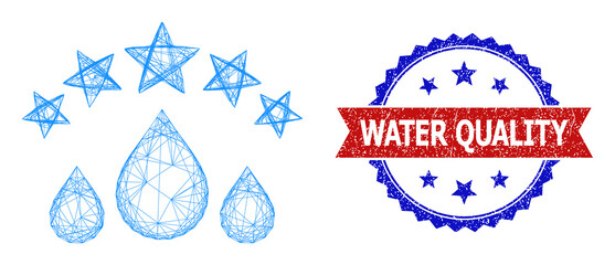 Mesh net quality water drops frame icon, and bicolor scratched Water Quality stamp. Flat frame created from quality water drops icon and crossed lines. Vector seal with corroded bicolored style,