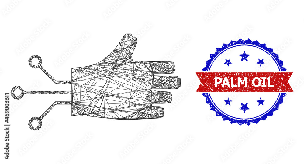 Poster mesh net mechanical hand wireframe icon, and bicolor dirty palm oil seal. flat mesh created from mec