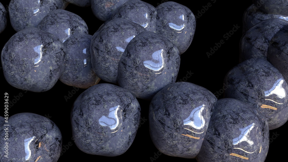 Poster geometric spheres with 3d render glitter and deformed surface. crystalline pearls floating in digita