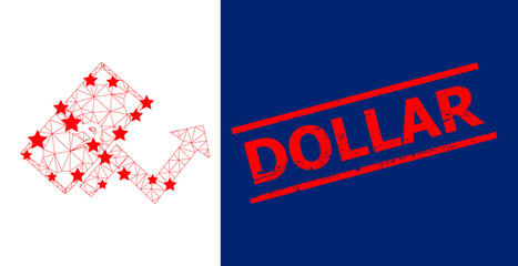 Fototapeta na wymiar Mesh dollar growth trend polygonal icon vector illustration, and red DOLLAR dirty stamp imitation. Model is based on dollar growth trend flat icon, with stars and triangular net.