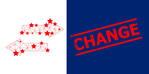 Obraz na płótnie Canvas Mesh horizontal exchange arrows polygonal icon vector illustration, and red CHANGE grunge stamp. Model is created from horizontal exchange arrows flat icon, with stars and polygonal net.