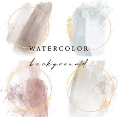Vector watercolour backgrounds set on white background. Watercolor paint and gold circle frame.	
