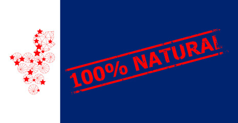 Mesh grapes bunch polygonal icon vector illustration, and red 100% NATURAL rubber print. Carcass model is based on grapes bunch flat icon, with stars and polygonal net.