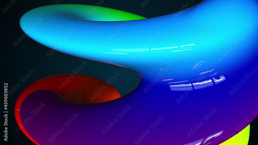 Poster spiral 3d render surface of abstract waves in space. pure colorful swirl with glass curved textures 