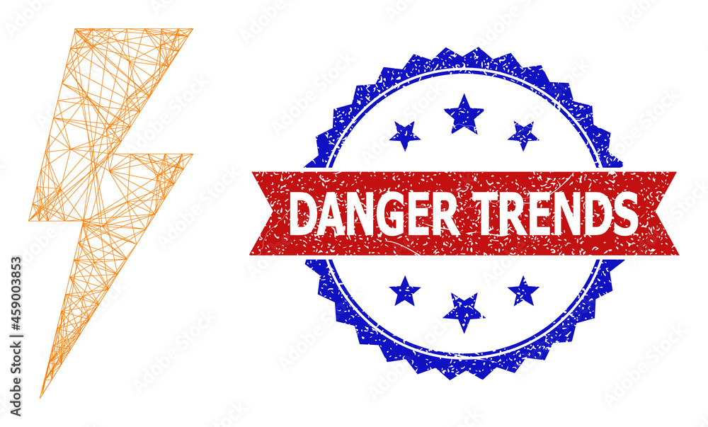 Poster crossing mesh electric spark framework icon, and bicolor unclean danger trends stamp. flat carcass c
