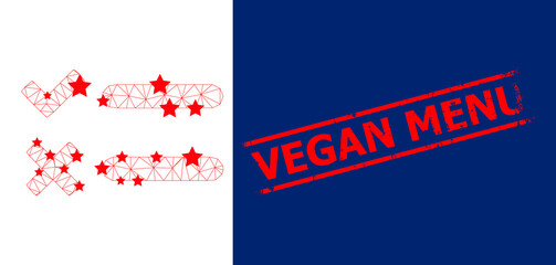 Mesh checklist polygonal 2d vector illustration, and red VEGAN MENU corroded stamp seal. Carcass model is based on checklist flat icon, with stars and polygonal mesh.