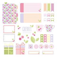 Templates for pages in the planner. Universal abstract layouts. Cherries with leaves, mug, gifts in pastel colors. Suitable for notebooks, planners, brochures, books, catalogs. Vector easilyresizable.