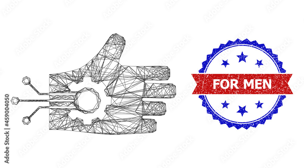 Poster crossing mesh mechanical arm wireframe icon, and bicolor scratched for men seal. flat carcass create
