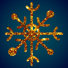 Shiny golden snowflakes on a dark green background, elements for decoration.