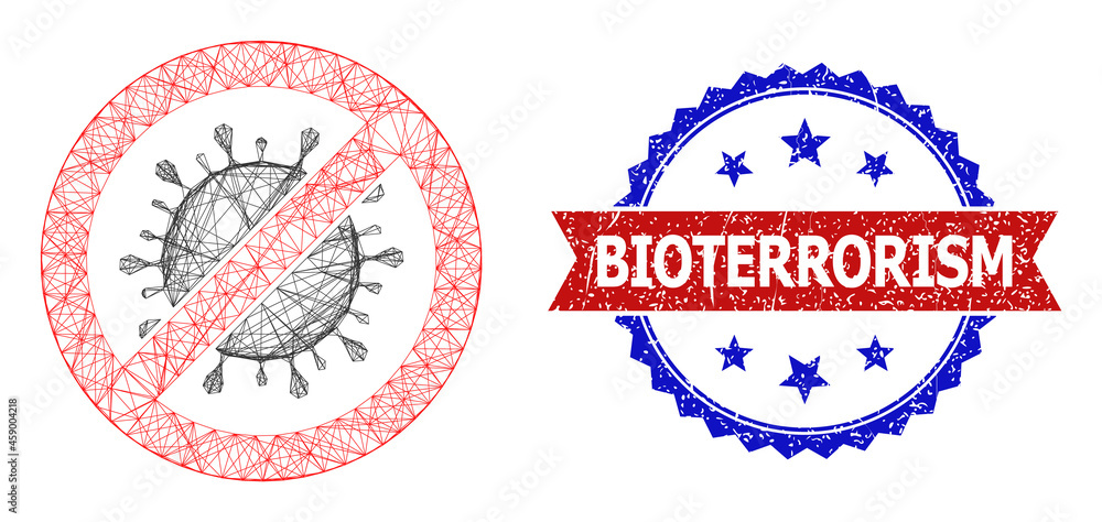 Poster crossing mesh forbid virus framework illustration, and bicolor rubber bioterrorism seal stamp. flat 