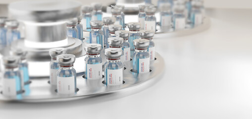 Coronavirus Covid-19 vaccine. Vaccination bottles production 3d-illustration