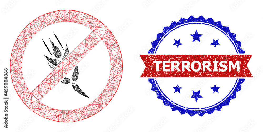 Poster crossing mesh stop cereal framework icon, and bicolor textured terrorism seal. flat frame created fr