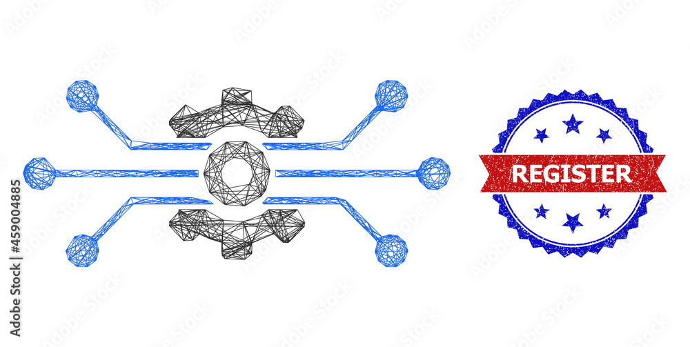 Poster crossing mesh solution cog frame illustration, and bicolor rubber register seal. flat frame created 