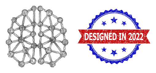 Net AI structure frame icon, and bicolor unclean Designed in 2022 seal stamp. Flat carcass created from AI structure icon and crossing lines. Vector seal with unclean bicolored style,