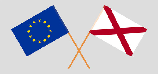 Crossed flags of the EU and The State of Alabama. Official colors. Correct proportion